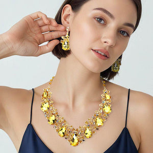 Yellow Teardrop Rhinestone Floral Necklace Set on Gold– Crystal Prom Evening Jewelry |  479365