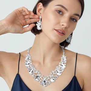 Clear Teardrop Rhinestone Floral Necklace Set on Silver – Crystal Prom Evening Jewelry |  479366