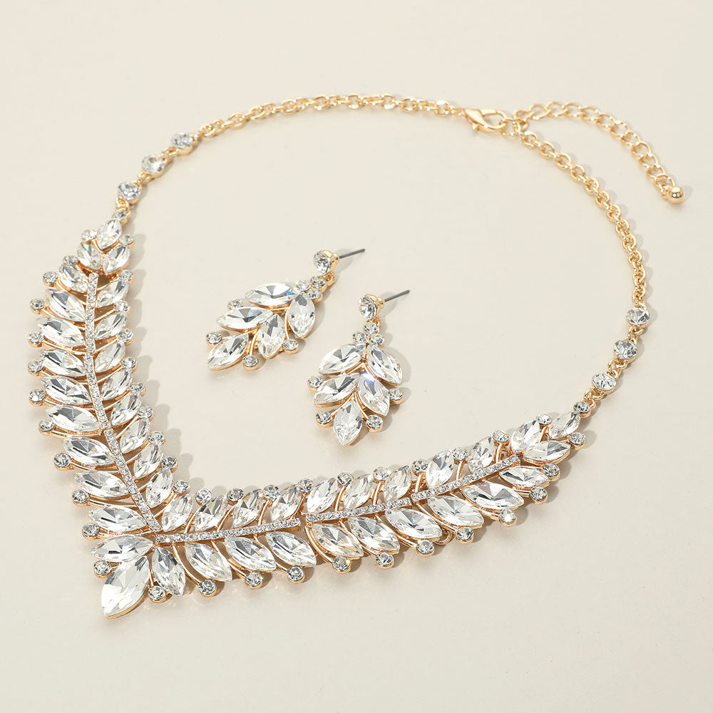 Clear Marquise and Clear Stone Evening Necklace Set on Gold | Statement Jewelry