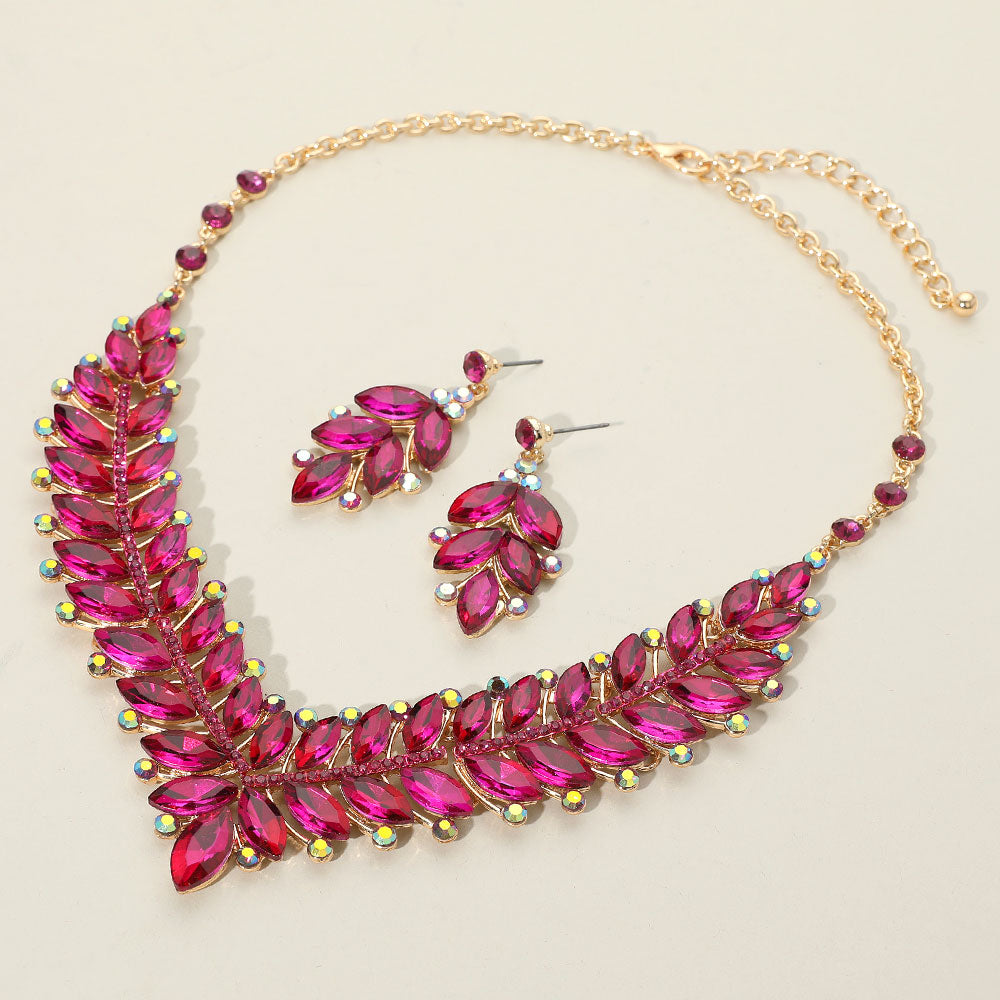 Fuchsia Marquise and AB Stone Evening Necklace Set | Statement Jewelry