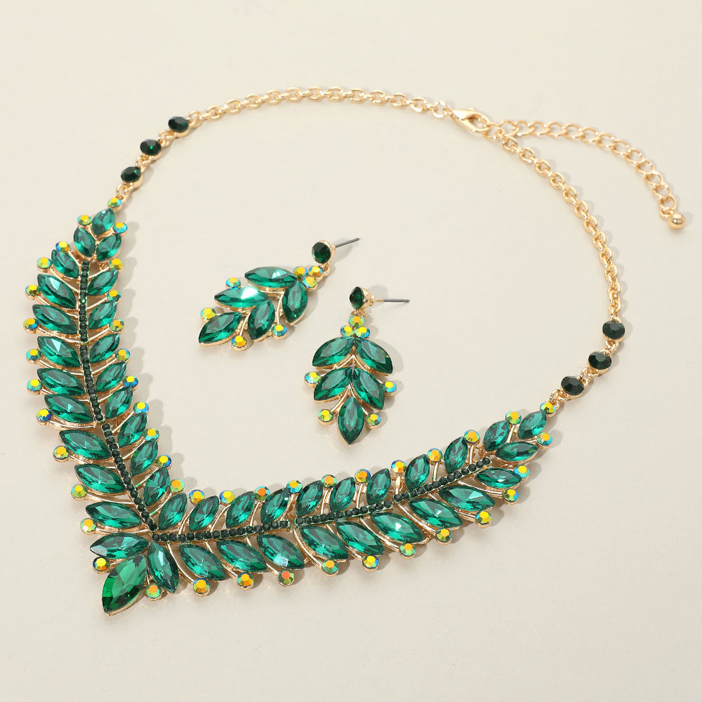 Green Marquise and AB Stone Evening Necklace Set | Statement Jewelry
