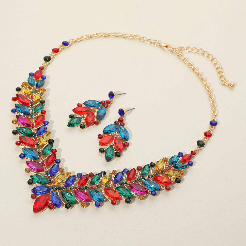 Multi-Color Marquise and Round Stone Evening Necklace Set | Statement Jewelry