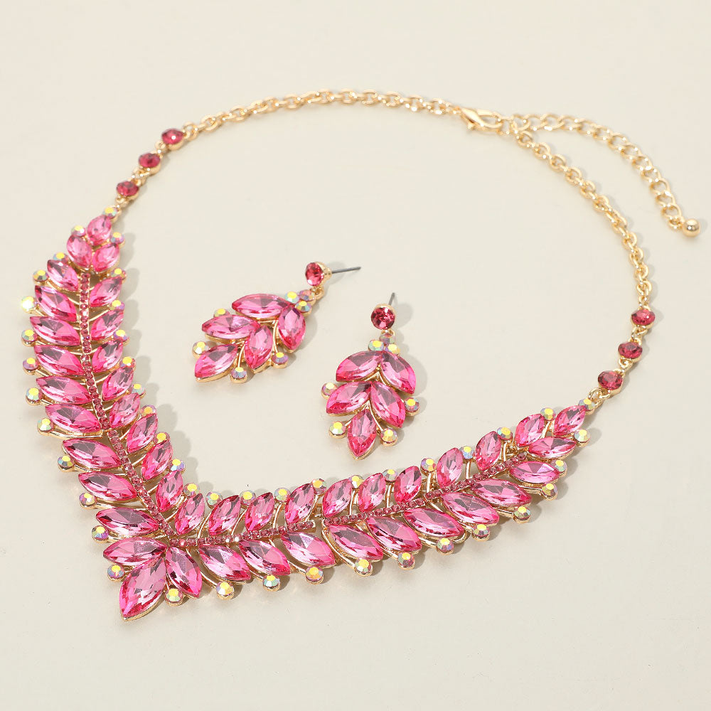 Pink Marquise and AB Stone Evening Necklace Set | Statement Jewelry