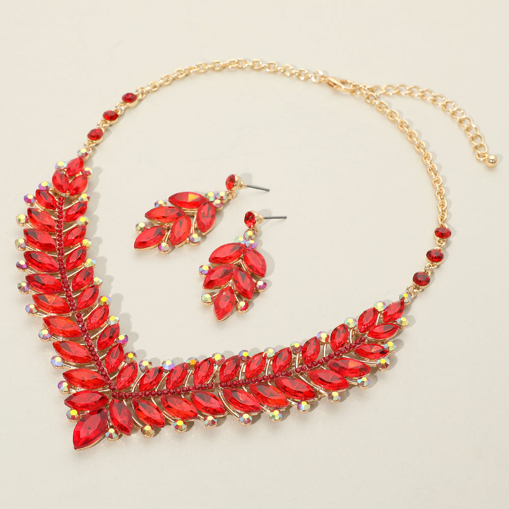Red Marquise and AB Stone Evening Necklace Set | Statement Jewelry