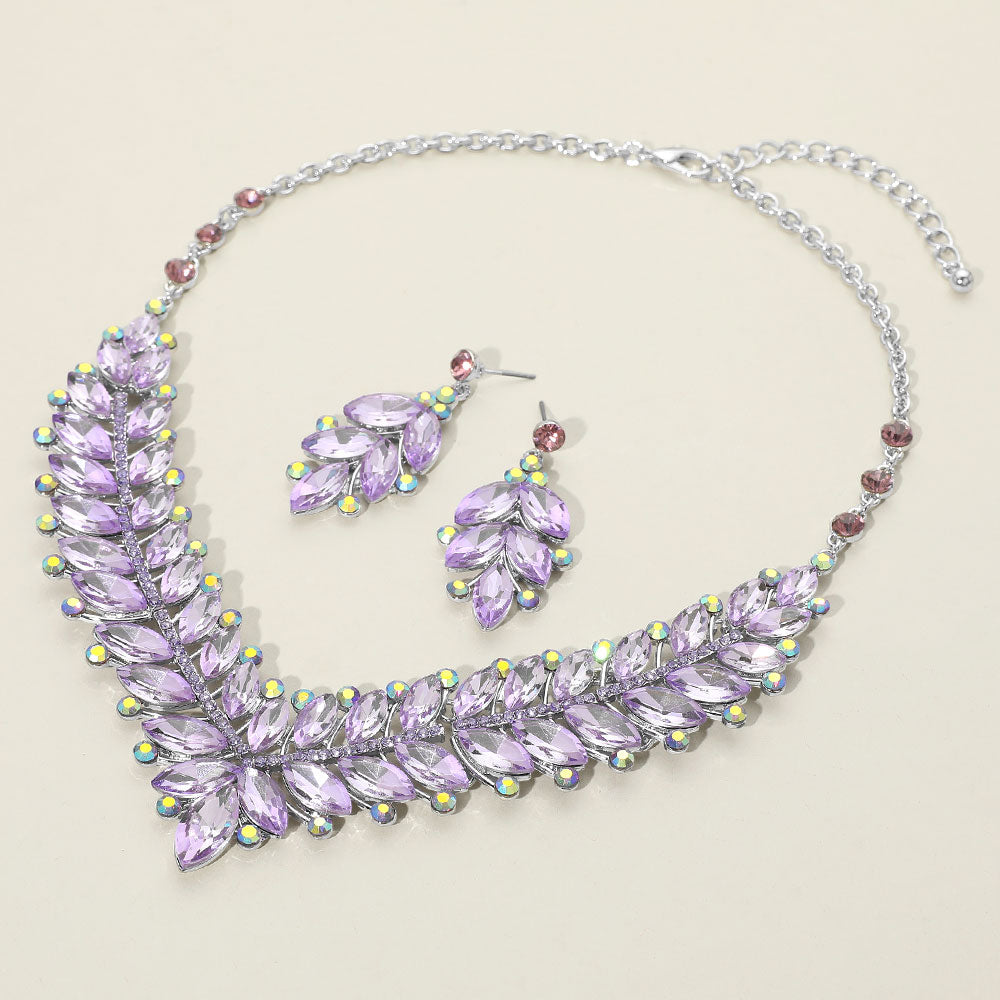 Lavender Marquise and AB Stone Evening Necklace Set | Statement Jewelry 