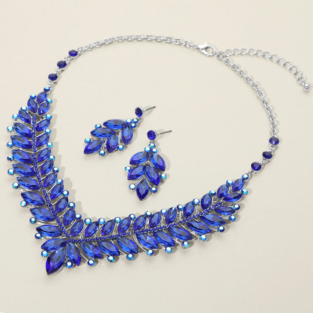 Royal Blue Marquise and AB Stone Evening Necklace Set | Statement Jewelry