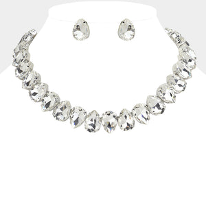 Clear teardrop crystal prom necklace set on silver displayed on white mannequin bust