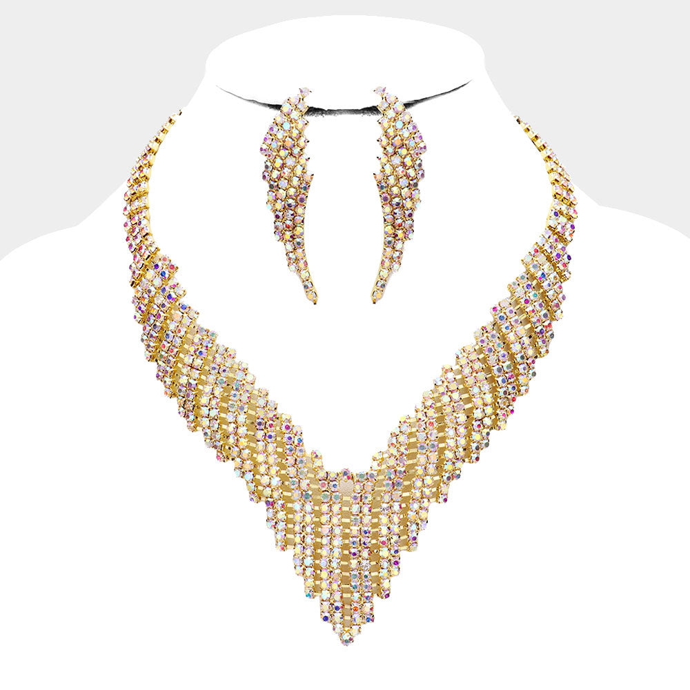 AB Crystal Rhinestone Pave Jagged Collar Pageant Necklace  | Evening Necklace Set on Gold