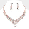 Clear Multi Stone Leaf Cluster Pageant Necklace on Rose Gold | Evening Necklace Set