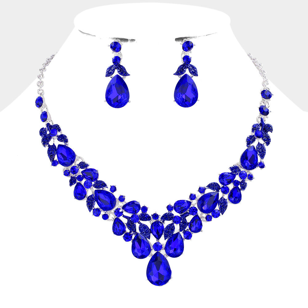 Sapphire Multi Stone Leaf Cluster Pageant Necklace  | Evening Necklace Set