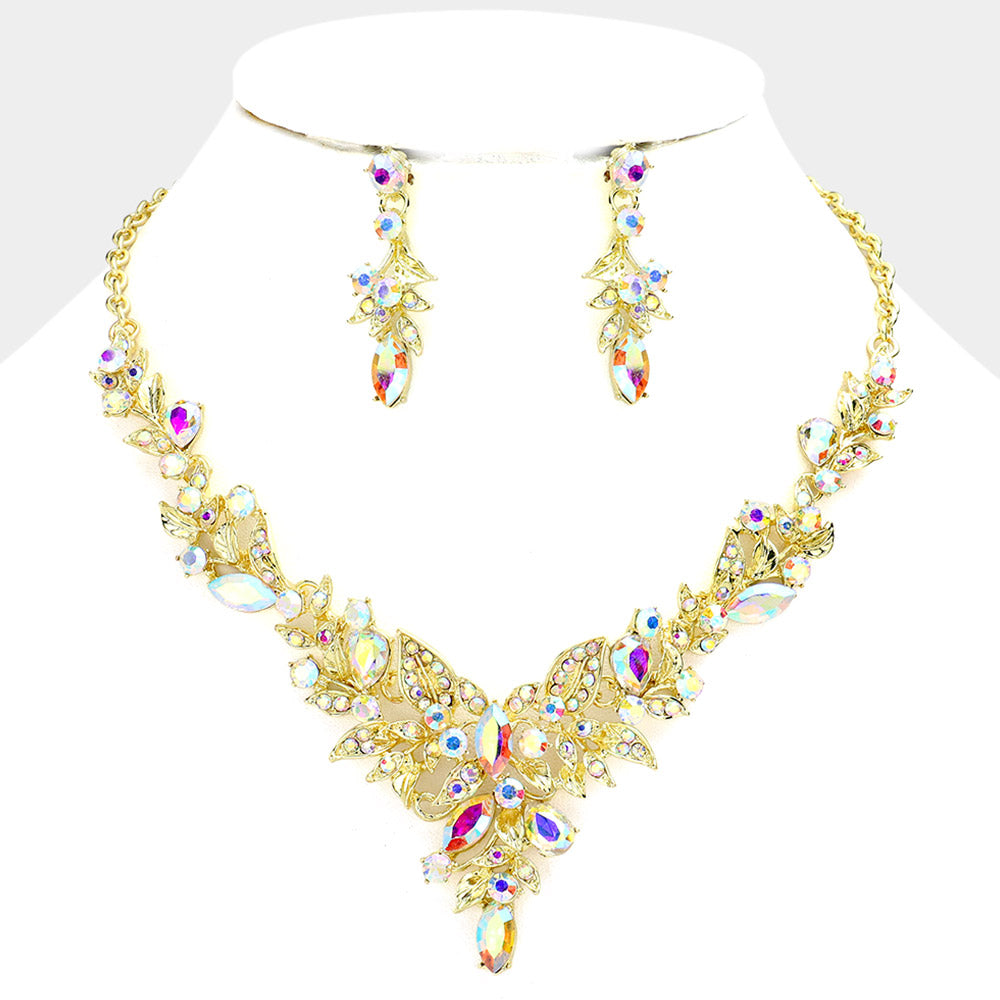 AB Marquise Stone Leaf Cluster Evening Necklace on Gol | Prom Jewelry