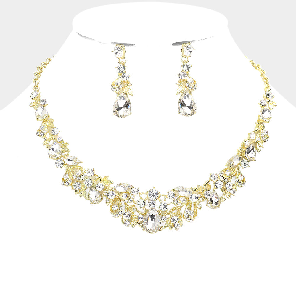 Gold Multi Stone Leaf Cluster Prom Necklace | Evening Necklace