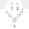 Clear Crystal Floral Teardrop Accented Pageant Necklace Set  | Prom Jewelry