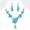 Aqua Crystal Floral Teardrop Accented Pageant Necklace Set  | Prom Jewelry