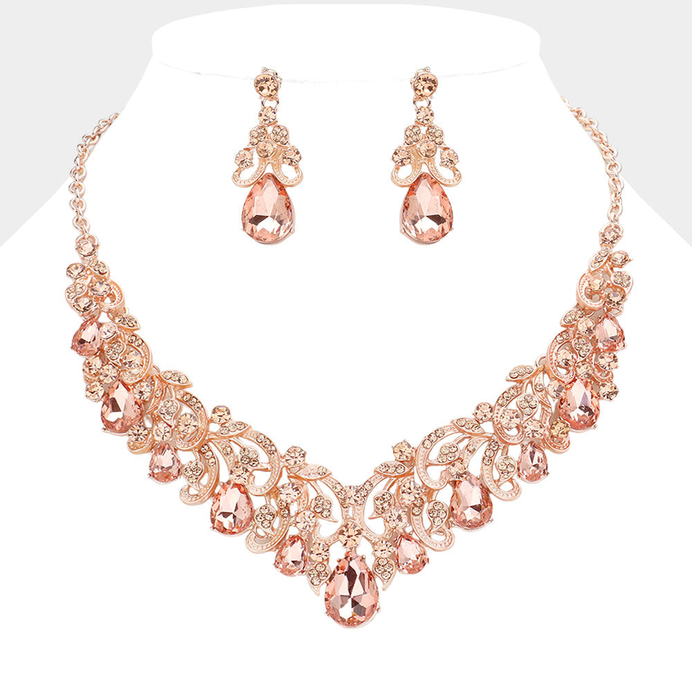 Peach Teardrop Stone with Rhinestone Accents Vine Evening Necklace | Prom Necklace