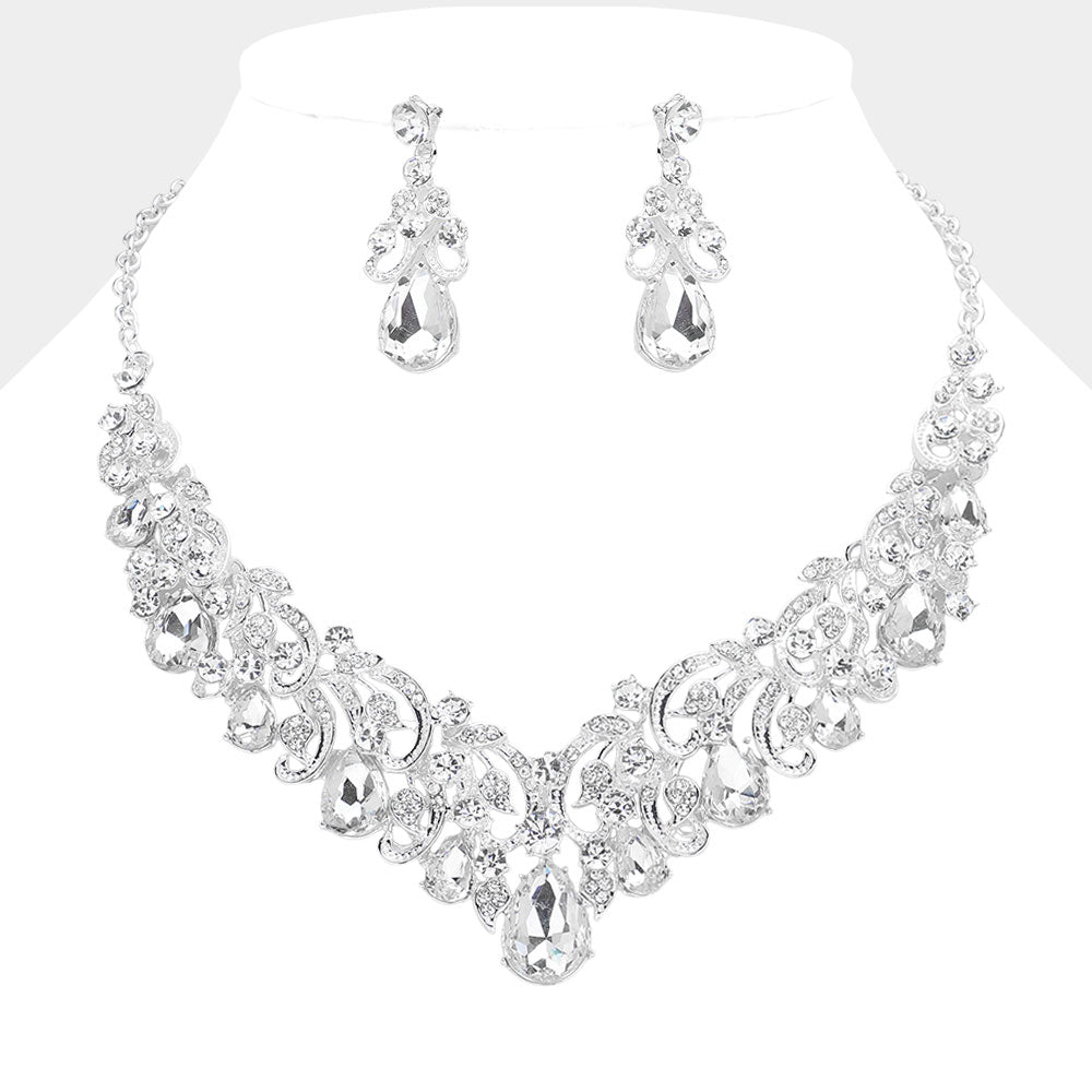 Clear Teardrop Stone with Rhinestone Accents Vine Evening Necklace | Prom Necklace