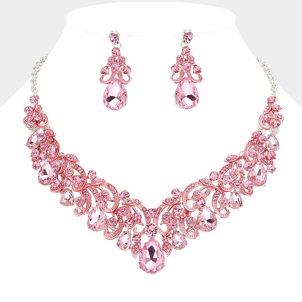 Light Rose Teardrop Stone with Rhinestone Accents Vine Evening Necklace | Prom Necklace |  627980