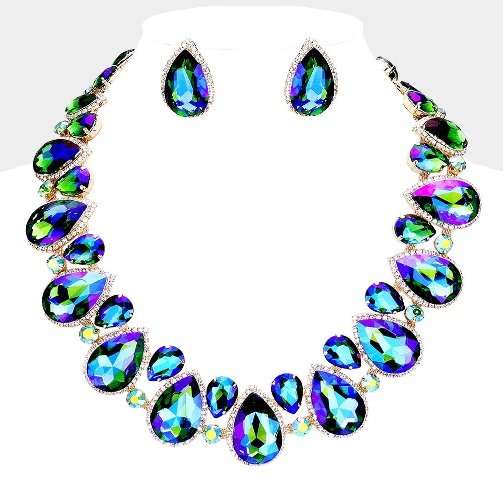 AB Green Crystal Rhinestone Trim Teardrop Pageant Necklace on Gold | Evening Necklace