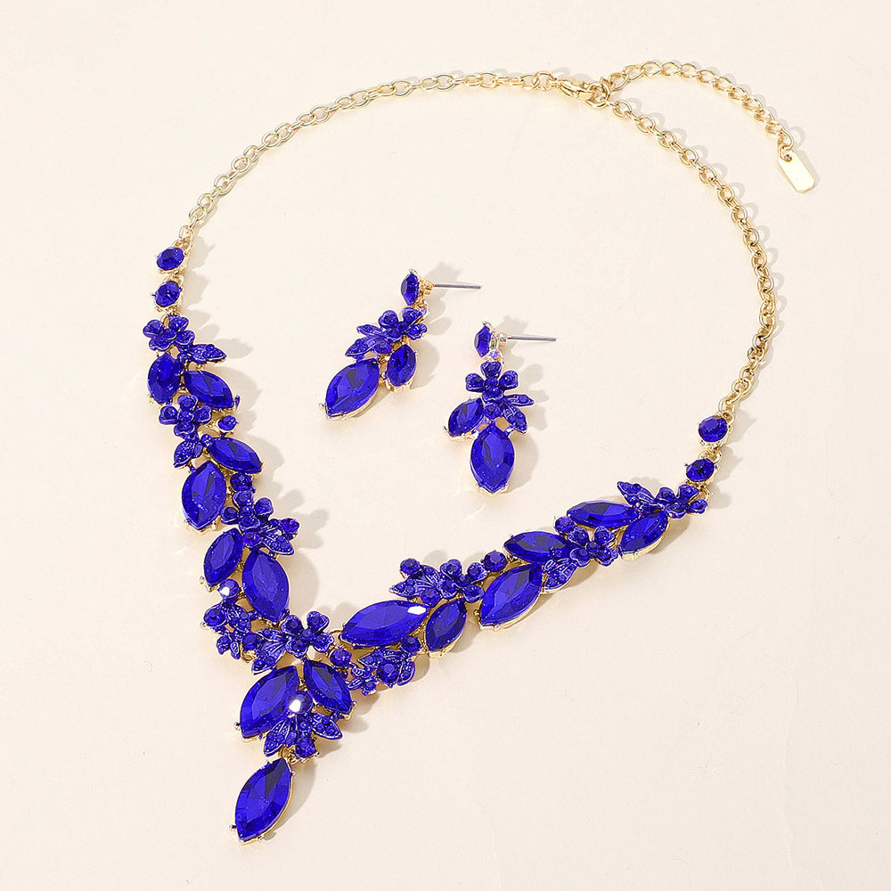 Sapphire Flower and Marquise Stone Y Shaped Evening Necklace Set  | Formal Necklace Set