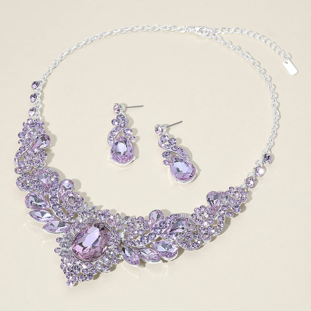 Amethyst Crystal Teardrop and Marquise Mult Stone Embellished Evening Necklace Set | Evening Jewelry Set