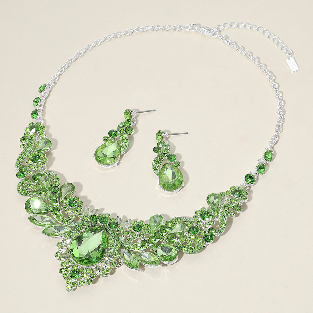 Green Crystal Teardrop and Marquise Mult Stone Embellished Evening Necklace Set | Evening Jewelry Set