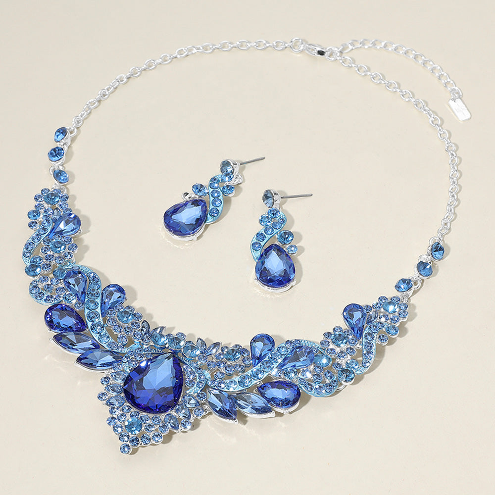 Sapphire Crystal Teardrop and Marquise Mult Stone Embellished Evening Necklace Set | Evening Jewelry Set