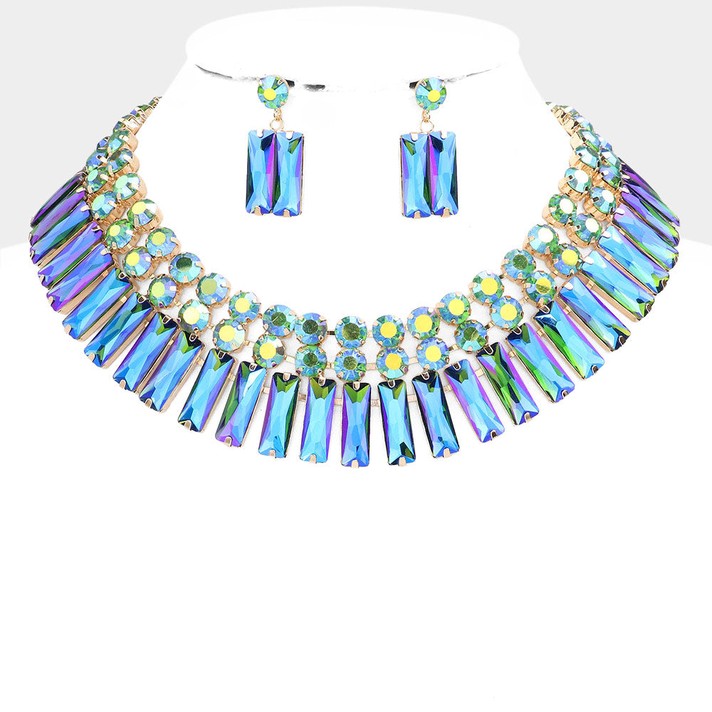 AB Green Round and Rectangle Stone Cluster Evening Necklace Set | Large Crystal Fashion Necklace Set