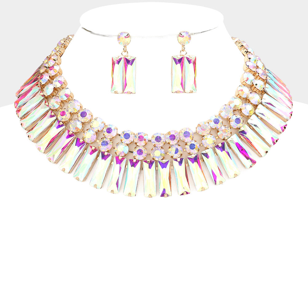 AB Round and Rectangle Stone Cluster Evening Necklace Set on Gold | Large Crystal Fashion Necklace Set