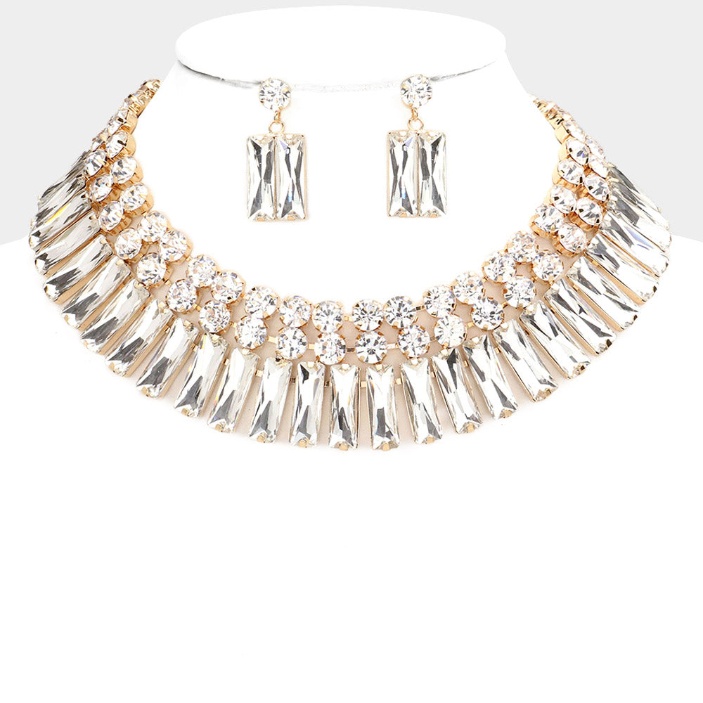 Clear Round and Rectangle Stone Cluster Evening Necklace Set on Gold | Large Crystal Fashion Necklace Set