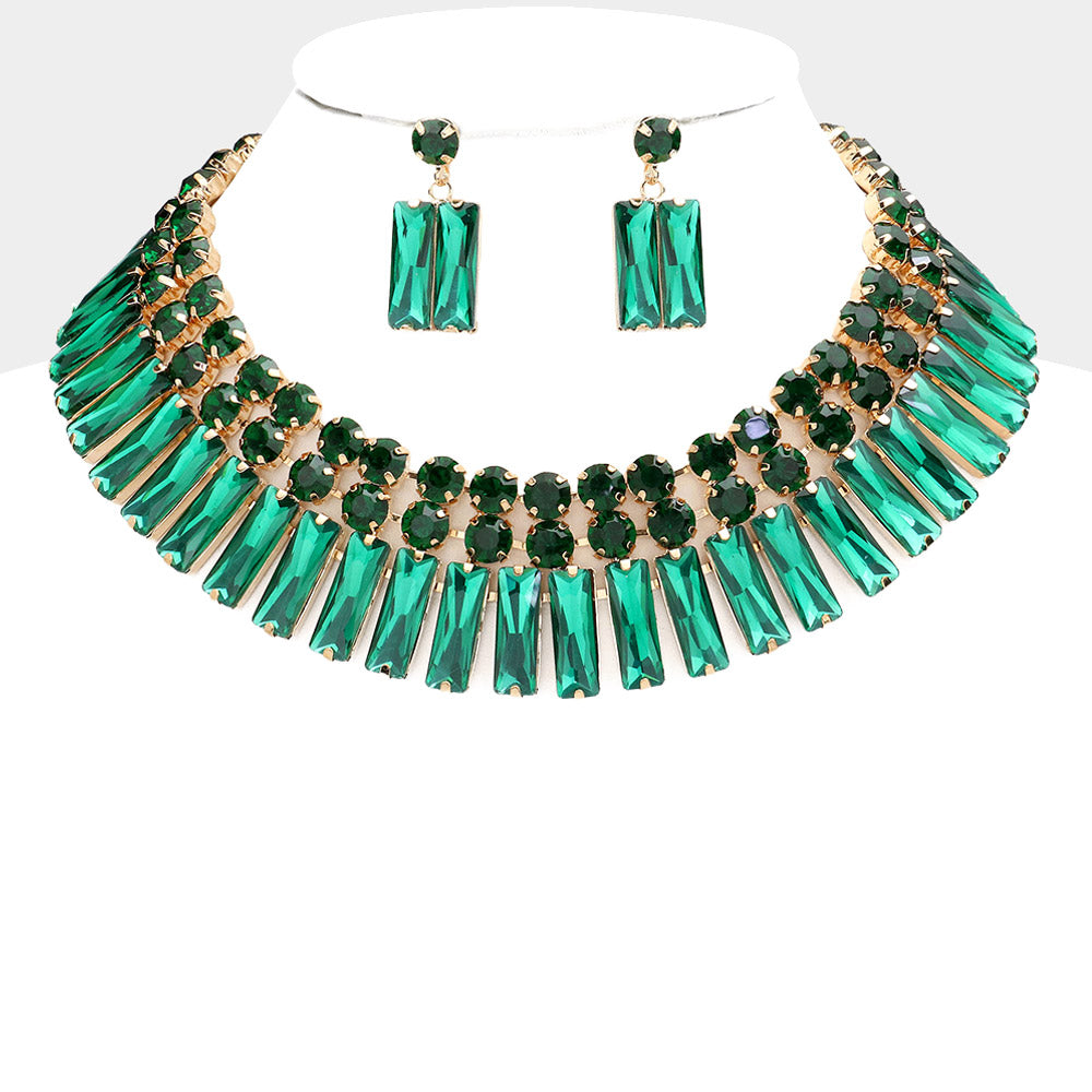 Emerald Round and Rectangle Stone Cluster Evening Necklace Set | Large Crystal Fashion Necklace Set
