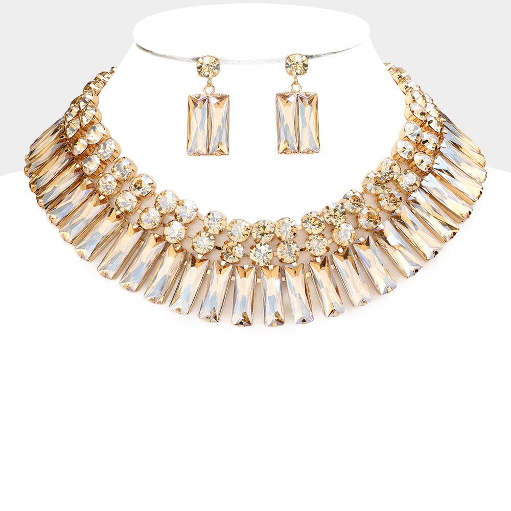 Light Topaz Round and Rectangle Stone Cluster Evening Necklace Set  | Large Crystal Fashion Necklace Set