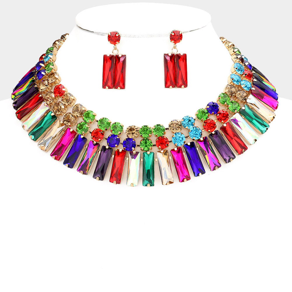 Multi-Color Round and Rectangle Stone Cluster Evening Necklace Set  | Large Crystal Fashion Necklace Set