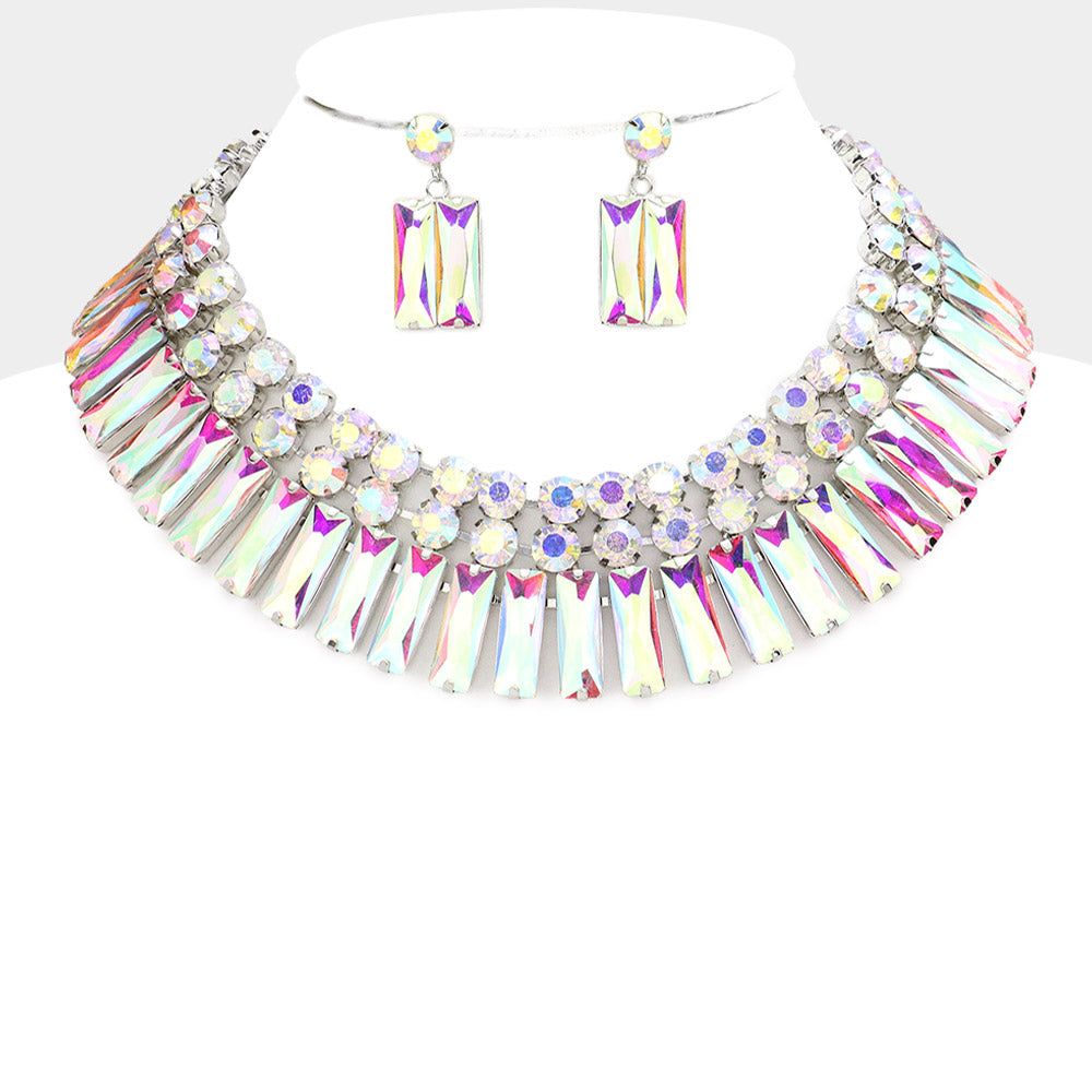 AB Round and Rectangle Stone Cluster Evening Necklace Set | Large Crystal Fashion Necklace Set