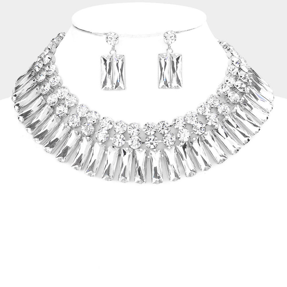 Clear Round and Rectangle Stone Cluster Evening Necklace Set | Large Crystal Fashion Necklace Set