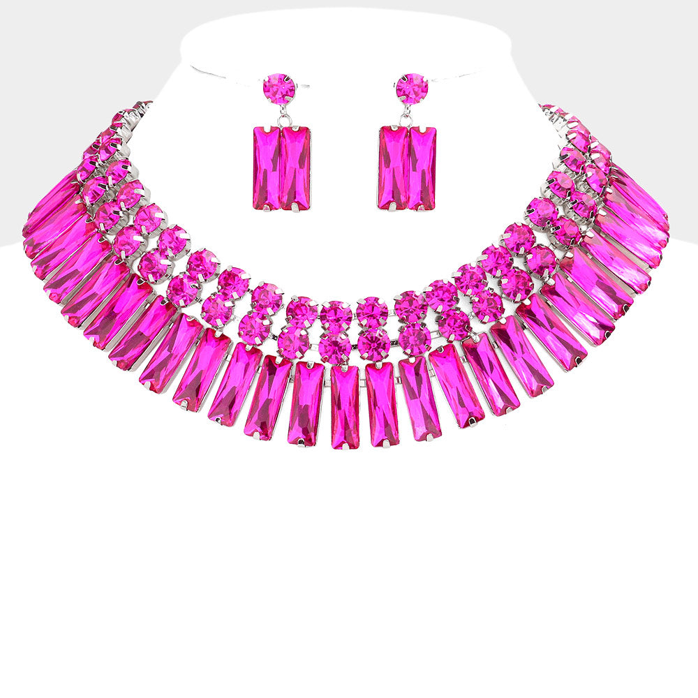 Fuchsia Round and Rectangle Stone Cluster Evening Necklace Set  | Large Crystal Fashion Necklace Set