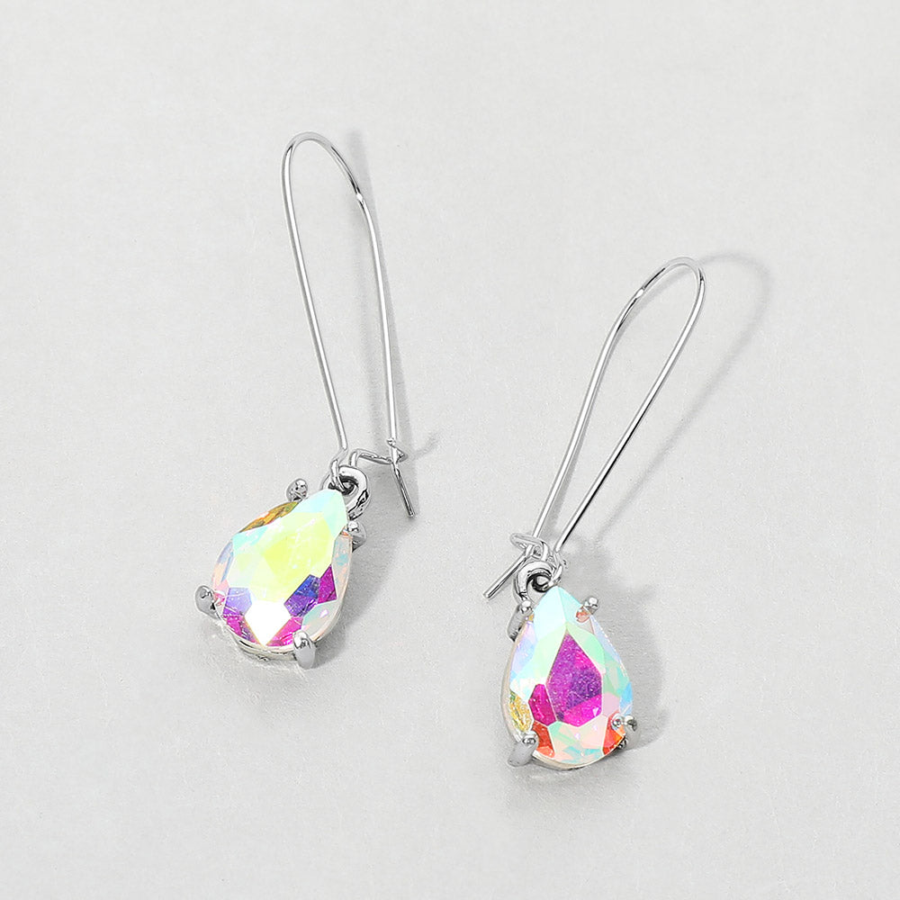 Elegant AB teardrop dangle pageant earrings on antique silver on white background