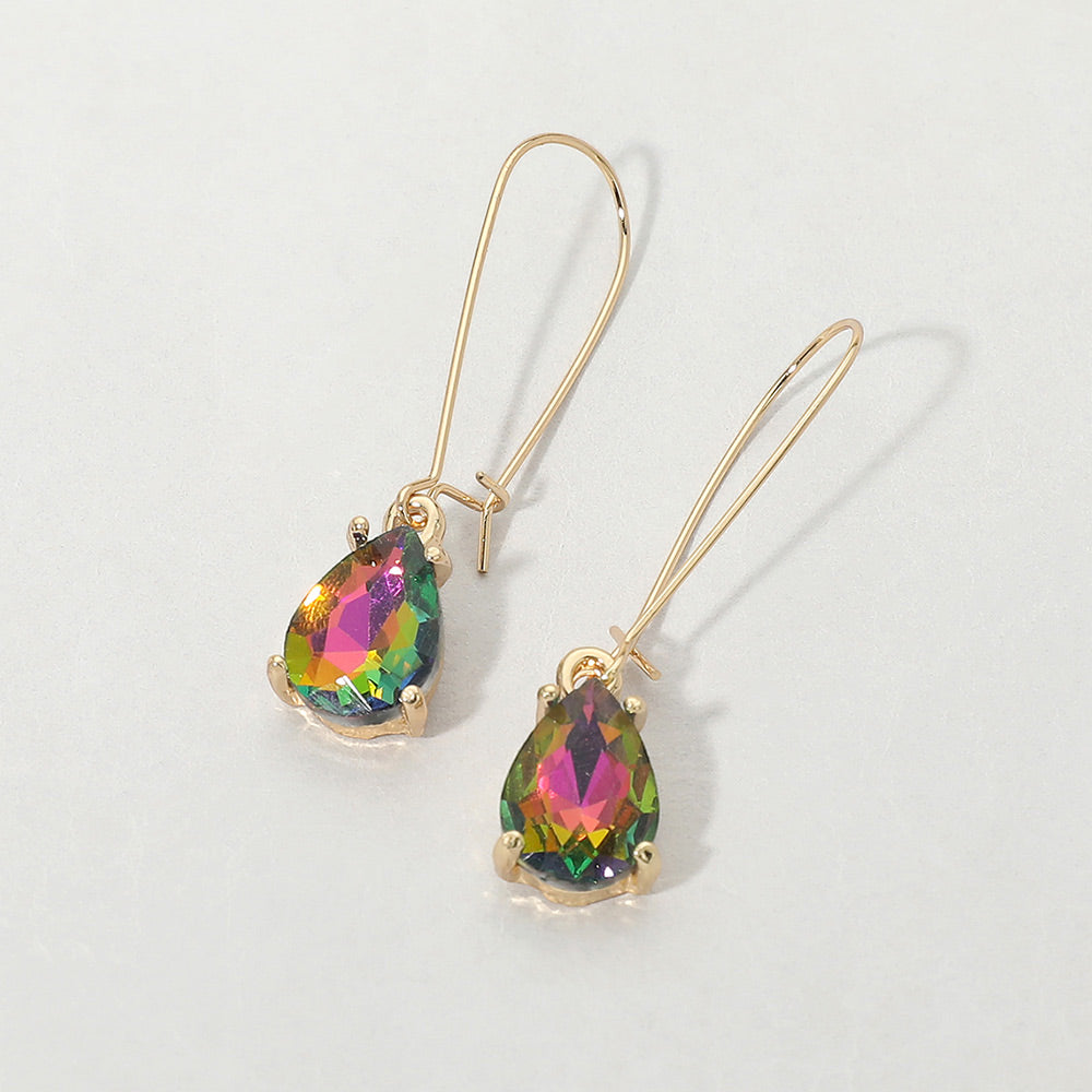 Elegant multi-color teardrop dangle pageant earrings on gold on white background