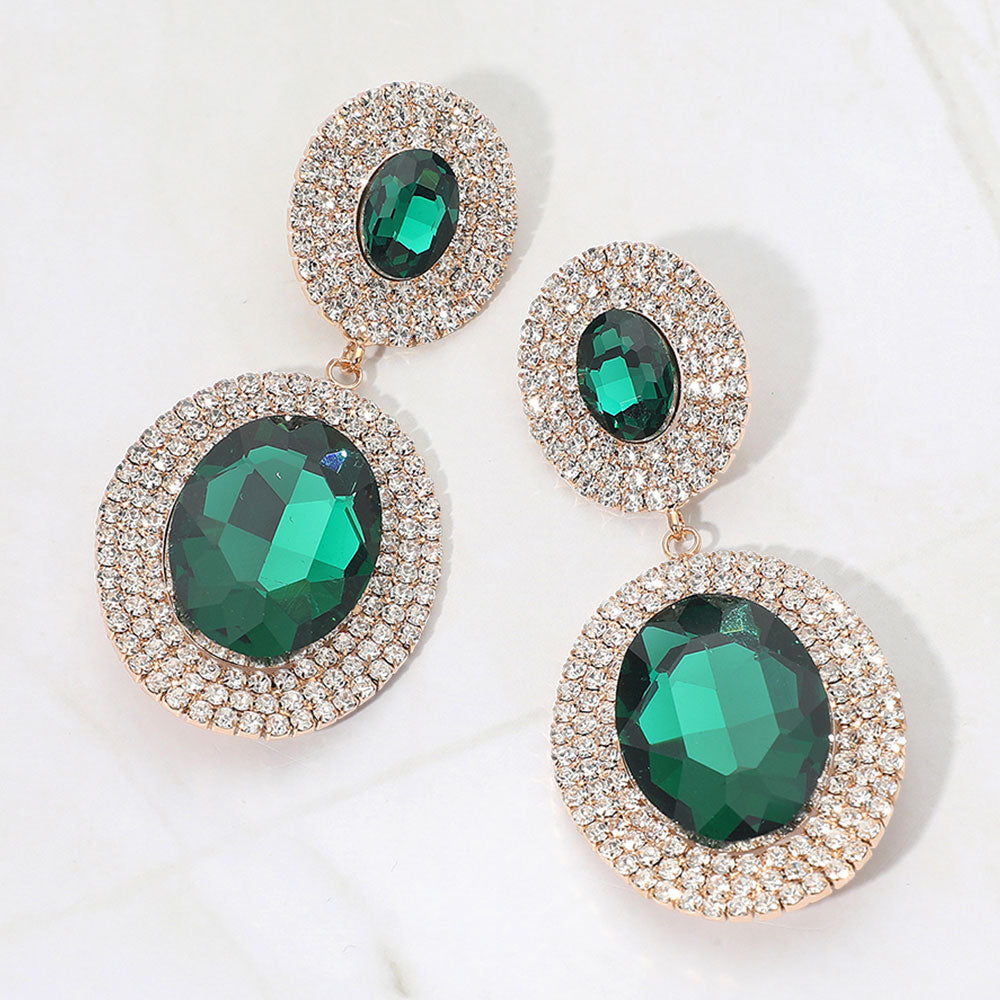 Emerald Green double oval halos surrounded by rhinestones on gold on a white background — elegant 2.8" statement jewelry for weddings, prom, and evening glam.