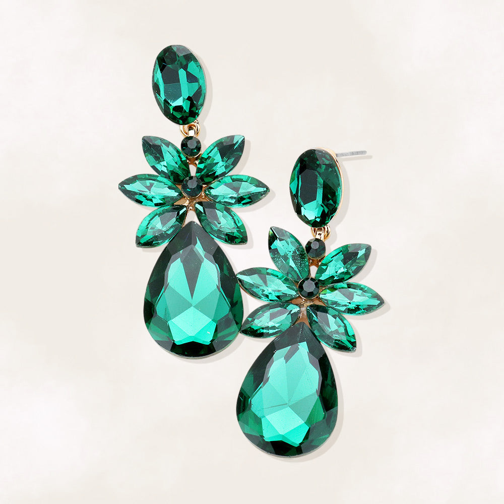 Emerald Green crystal flower teardrop earrings on gold displayed on white background