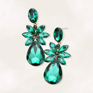 Emerald Green crystal flower teardrop earrings on gold displayed on white background
