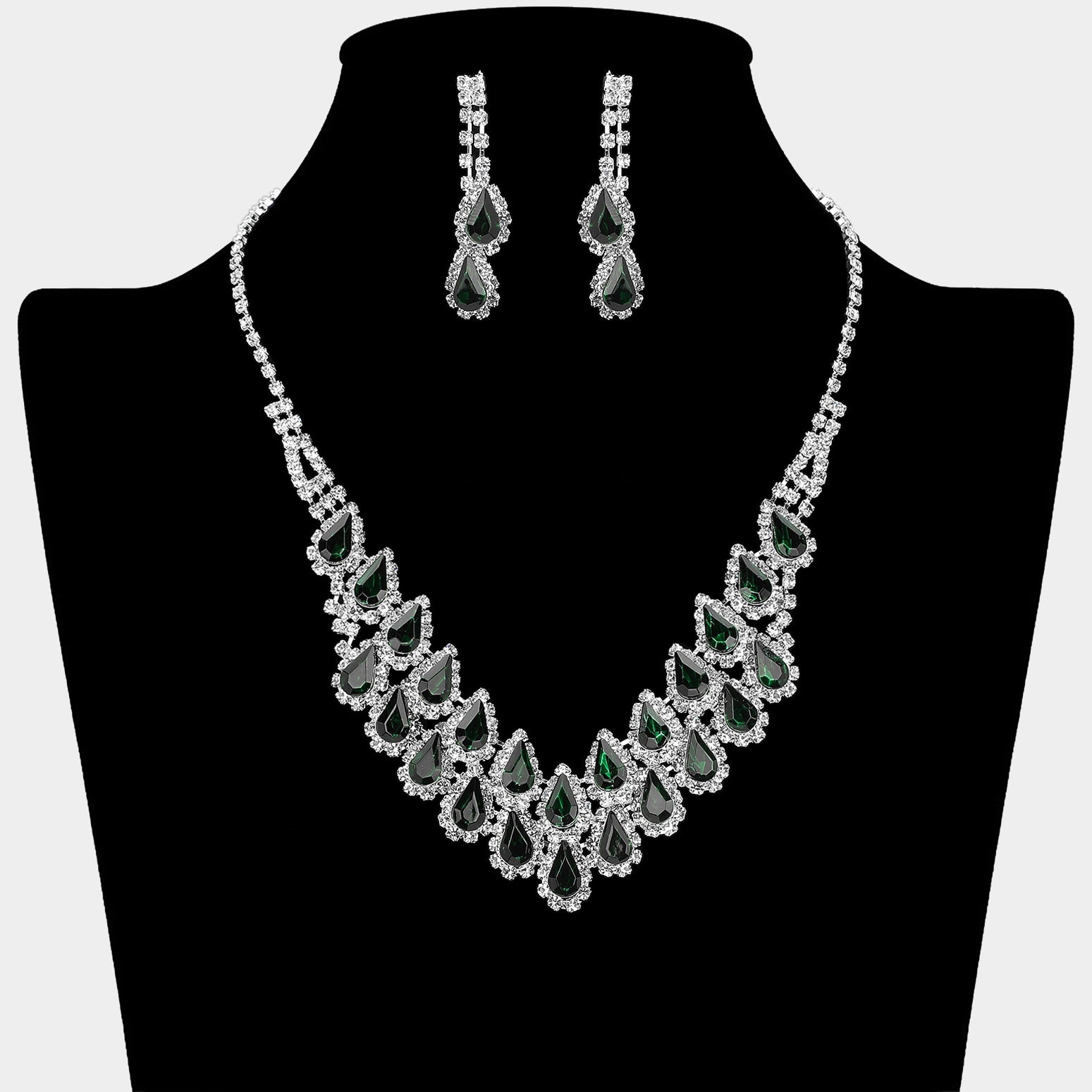 Emerald Crystal Rhinestone Double Row Necklace Set on a black mannequin bust on a white background