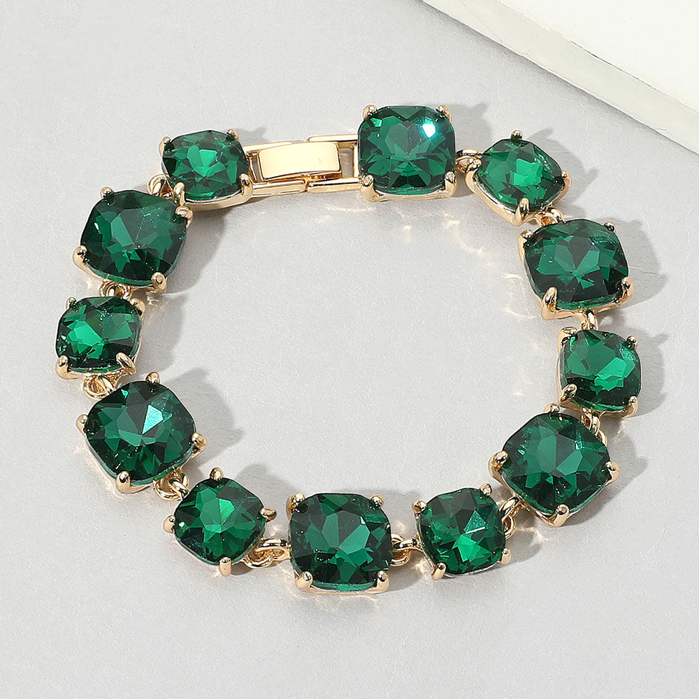 Emerald Green Cushion Square Stone Link Bracelet Gold Backed on a white background