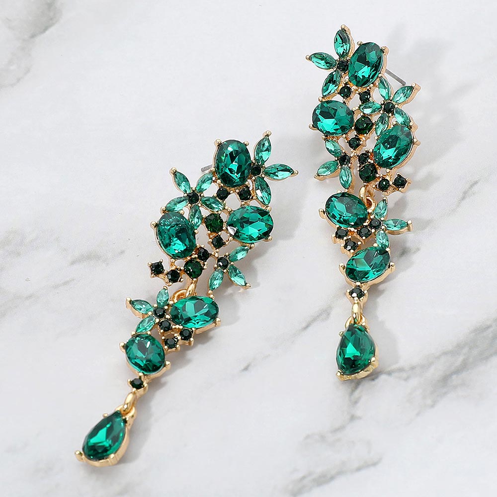 Emerald Floral Gem Cluster Drop Earrings  - Elegant Marquise & Oval Crystal Jewelry for Pageant, Wedding & Evening Glam |  681290