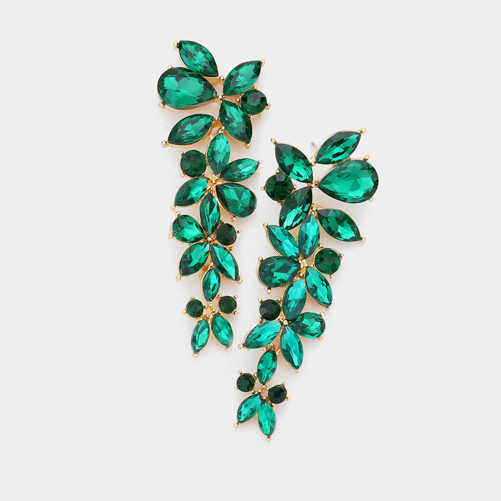 Emerald Emerald Green floral multi stone drop earrings on gold with layered crystal cluster design, 3 inch statement earrings on a white background