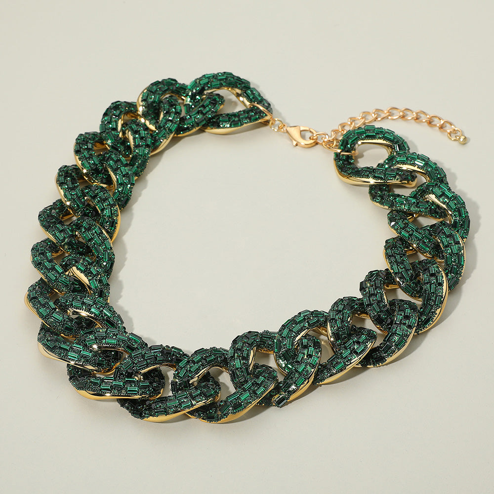 Emerald Green Chunky Chain Statement Necklace – Bold Crystal Jewelry for Pageant Runway & Everyday Glam |  607653