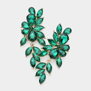 Emerald Green crystal marquise statement earrings on gold with a cascading arrangement of faceted marquise stones, displayed on a white background.