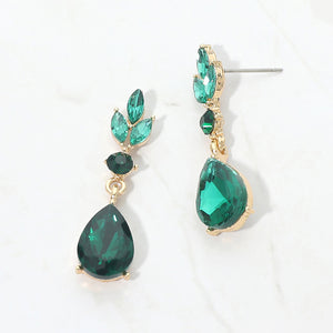 Emerald Green crystal teardrop earrings on gold with a large pear-shaped bottom crystal and smaller marquise and round crystal accents, displayed on a white background.