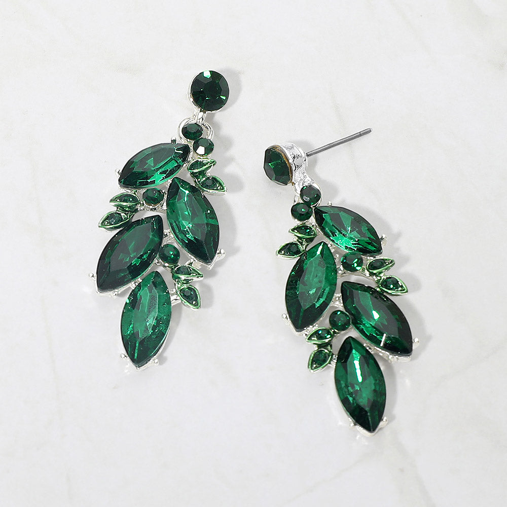 Emerald green marquise stone cluster leaf drop earrings on silver on white background