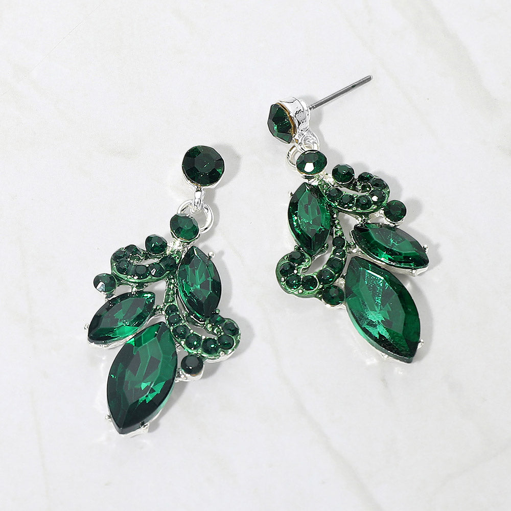 Emerald Green marquise stone cluster prom, beauty walk and formal drop earrings on silver on white background