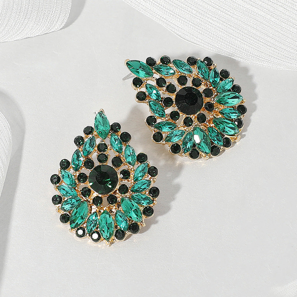 Emerald green marquise stone cluster teardrop earrings on gold on a white background